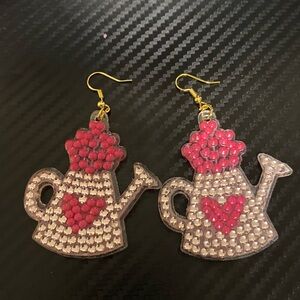 Hand made diamond art Pink and Silver Watering Can Earrings